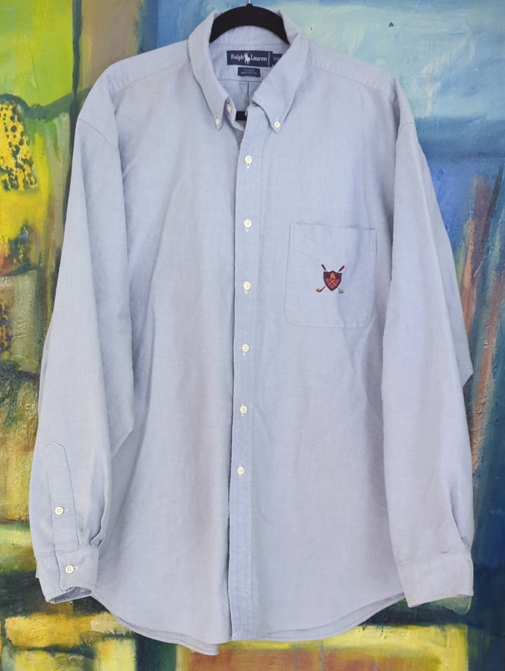 Ralph Lauren Blue Chambray Button Up Shirt With RL Shield &Club Embroidery XXL
